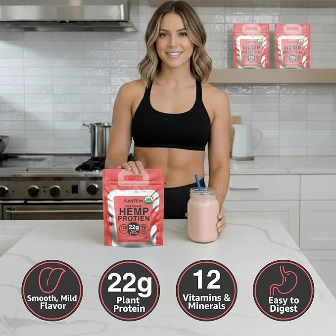 Organic Hemp Protein Powder, Plant Based and Vegan Protein Shake, Lactose and Dairy Free, Gluten Free, Clean and Natural- Strawberry (1 Serving)