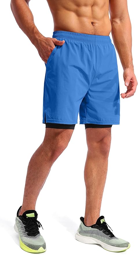 Pudolla Men’s 2 in 1 Running Shorts 5" Quick Dry Gym Athletic Workout Shorts for Men with Phone Pockets