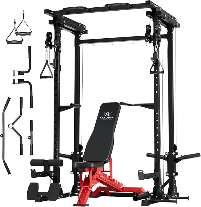 MAJOR FITNESS Drone3 Power Rack, Multi-Function Home Gym Squat Rack with Pull-Up Bar, Cable Crossover & J-Hooks, Heavy-Duty Steel Frame for Maximum Stability & Strength Training
