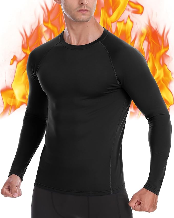 Mens Thermal Compression Shirts, Warm Long Sleeve Fleece Lined Tops Athletic Base Layer for Running Cold Weather