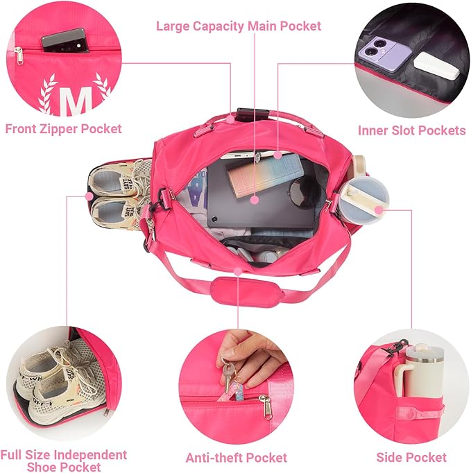 Gym Bag for Women, Personalized Duffle Bag with Shoe Compartment, Sports Bag for Yoga & Dance with Wet Pocket and Mat Strap(HotPink,O)