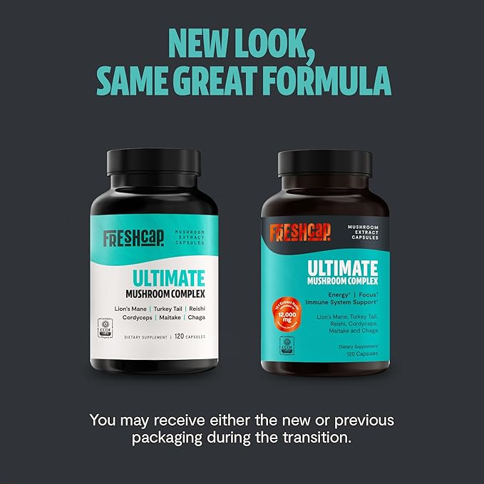 FreshCap Mushrooms Ultimate Mushroom Supplement 12,000mg - Mushroom Complex Capsules, Organic Supplement Ayurveda (120 Capsules)