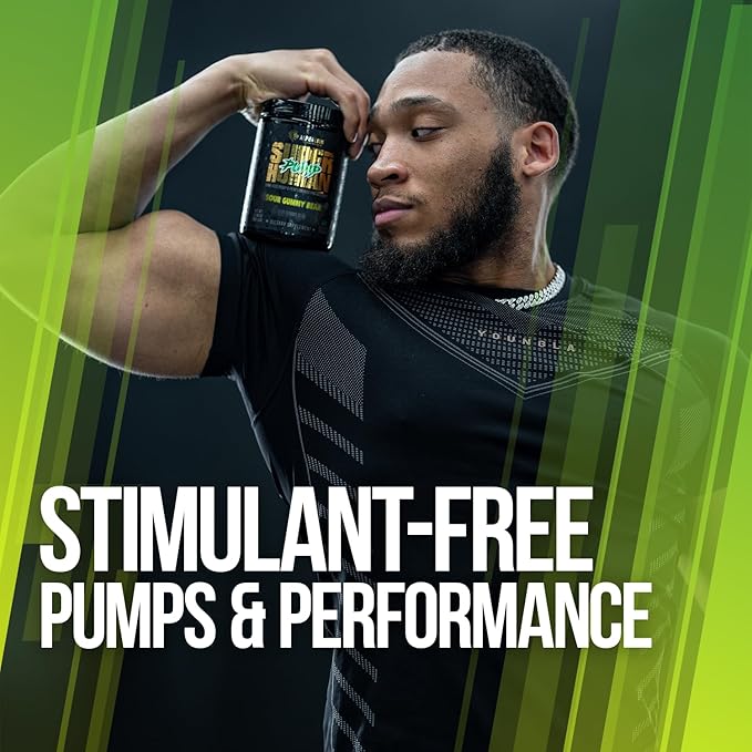 ALPHA LION Superhuman Pump Pre Workout Powder, Nootropic Caffeine & Stim Free Preworkout Supplement, Nitric Oxide Booster, Muscle Gainer, Energy & Focus (42 Servings, Sour Gummy Bear)