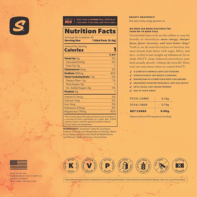 SALTT Electrolytes Powder Flavored Drink Mix - Groovy Grapefruit - 30 Hydration Packets - Magnesium, Potassium, Sodium, Trace Minerals - Zero Sugar & Gluten Free - Travel Essentials