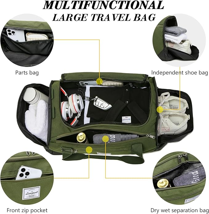 Laripwit Gym Bags for Men, 40L Medium Sports Travel Duffel Bag with Shoe Compartment & Wet Pocket Lightweight Gym Duffle Bag Backpack Multipurpose Weekender Overnight Backpack for Women, Green