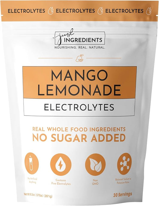 JUST INGREDIENTS Mango Lemonade Electrolyte Drink Mix - Coconut Water, Sea Salt, Trace Minerals - 30 Servings