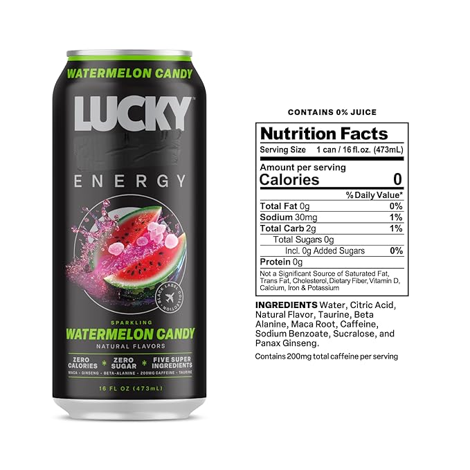 Lucky Energy Sugar Free Energy Drinks, Watermelon Candy, 16oz Cans (12-Pack) Healthy, Zero Sugar Energy Drink with Maca, Ginseng, Beta-Alanine, Taurine & 200mg Caffeine