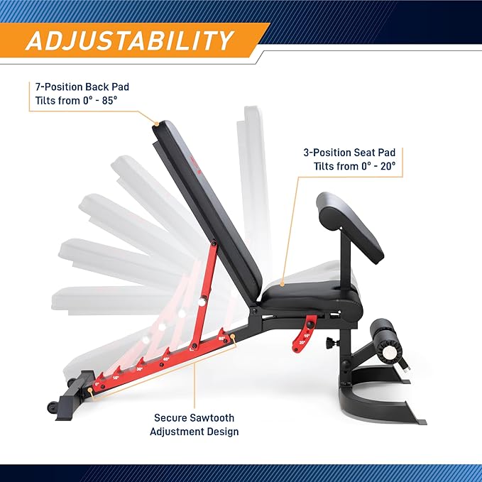 Marcy Adjustable Weight Bench for Home Gym, Heavy-Duty Workout Bench Press with 7-Position Backrest, Incline Decline Flat, Preacher Curl Pad, Leg Anchor, Full Body Strength Training Equipment SB-7799