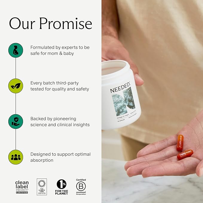 Needed. Prenatal Omega-3 - High Potency Dose of Sustainably Sourced Fish Oil, Bergamot Flavor, 1000mg DHA, 1000mg EPA, Encased in a Gelatin-Free, Plant-Based Softgel Shell, 30-Day Supply