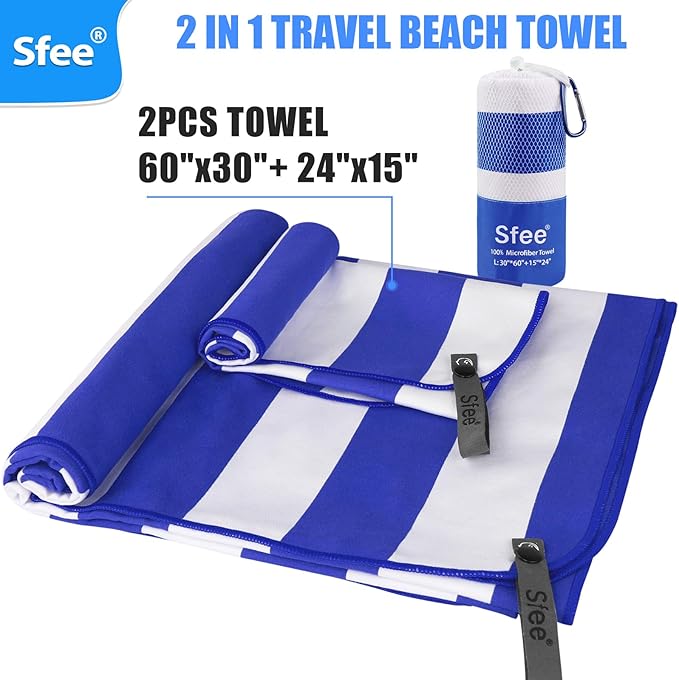 Sfee 2 in 1 Microfiber Beach Towel, Quick Dry Towel Travel Camping Towel Super Absorbent Compact Lightweight Sports Gym Towels Set for Beach, Gym, Hiking, Pool, Backpacking, Bath, Yoga