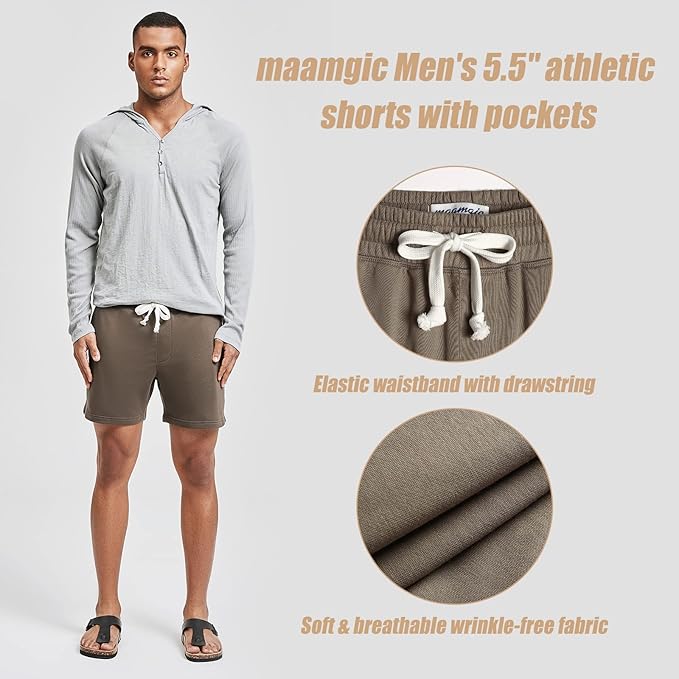 maamgic Mens Athletic Gym Shorts 5.5" Elastic Waist Casual Pajama Pocket Jogger Men Workout Short Pants