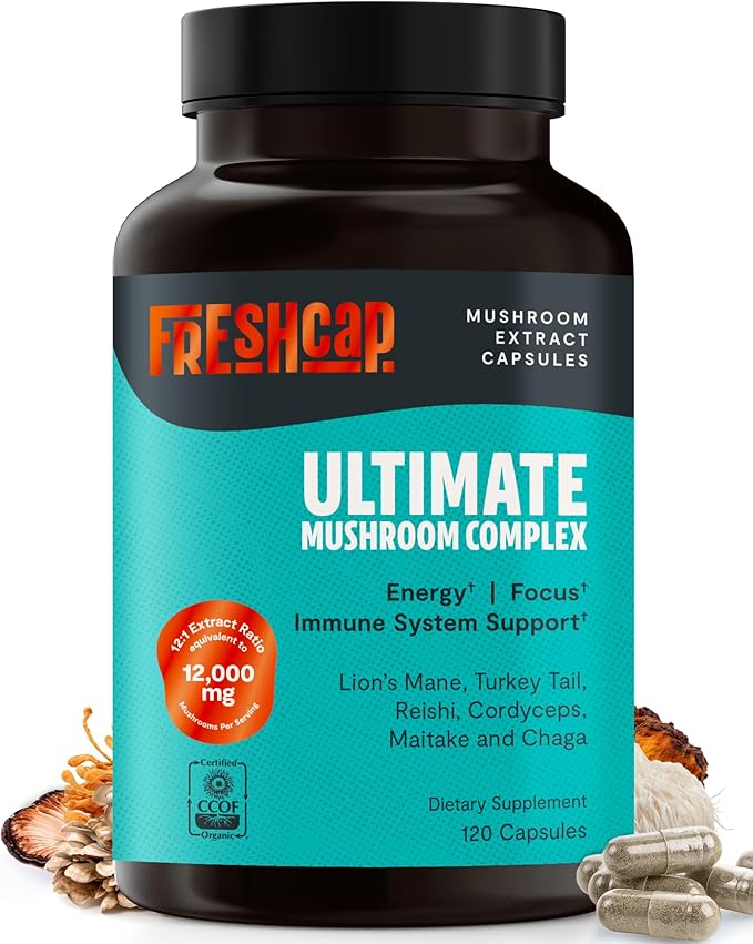 FreshCap Mushrooms Ultimate Mushroom Supplement 12,000mg - Mushroom Complex Capsules, Organic Supplement Ayurveda (120 Capsules)