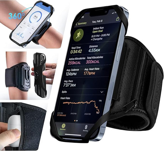 Cikyner Running Armband, 360° Rotatable & Detachable Phone Holder for Sports with Earphone/Cash Pocket, Fits 4.5-7" Smartphones for Gym, Jogging, Hiking