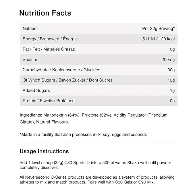 Neversecond C30 Sports Drink, High-Performance Electrolyte Hydration & Carbohydrates, Never2 Sports Drink for Triathlons, Cycling, & Marathons – Citrus - (640g, 20 Serving-Count)