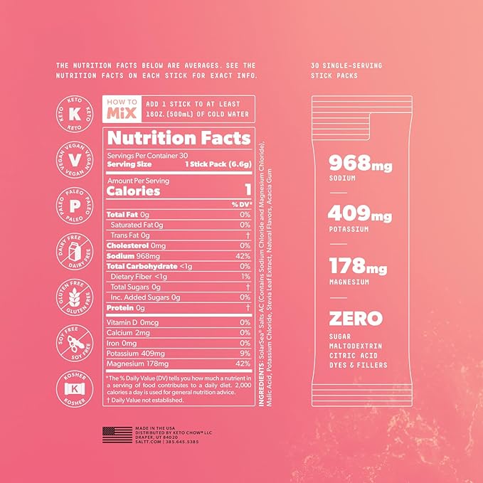 SALTT Electrolytes Powder Packets, Fruit Variety Pack (30 Packets) - Magnesium, Potassium, Sodium, Trace Minerals - Vegan, Sugar Free, Gluten Free - Travel Essentials - Made in USA