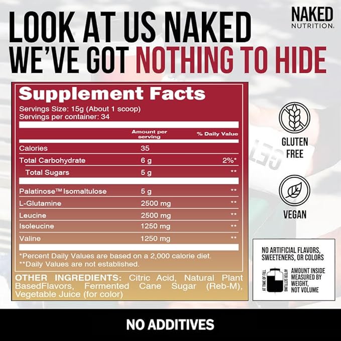 NAKED Strawberry Lemonade BCAAs Amino Acids Powder, 100% Pure 2:1:1 Formula, Vegan Branched Chain Amino Acids, Instantized All Natural BCAA Powder Supplement - 501 Grams, 34 Servings