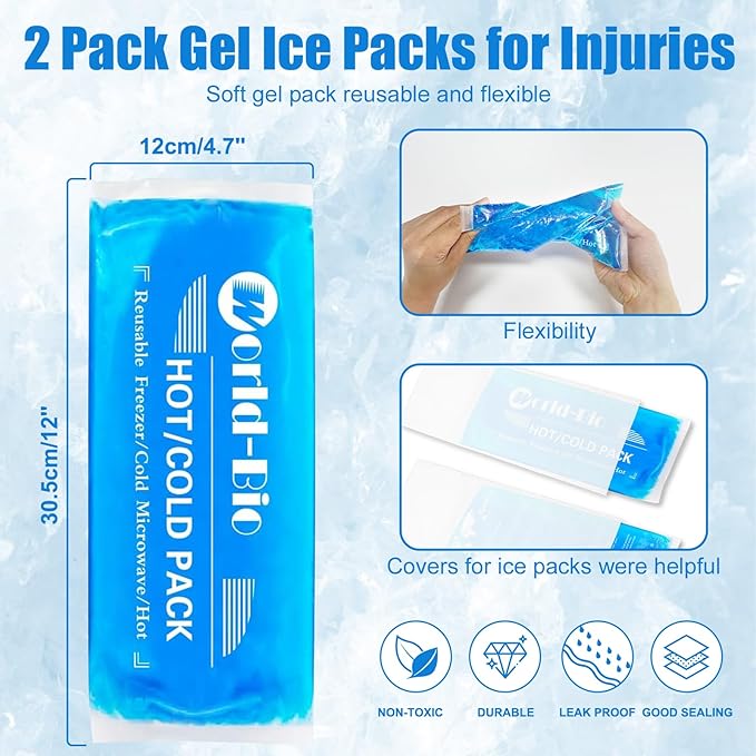 Soft Gel Ice Pack for Injuries Reusable, Flexible Hot Cold Pack for Neck Head Shoulder Knee Ankle Wrist Elbow, Medical Cold Pack for First Aid, Migraines (12'' X 4.7''- 2 Ice Packs)