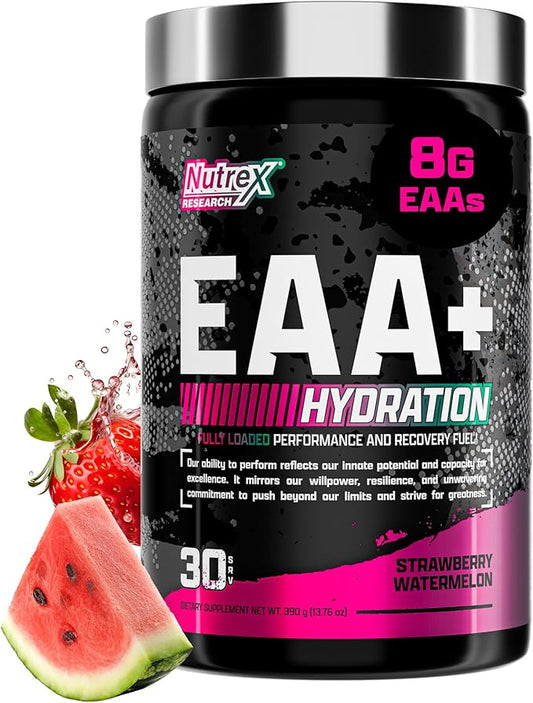 Nutrex Research EAA Hydration | EAAs + BCAA Powder | Muscle Recovery, Strength, Muscle Building, Endurance | 8G Essential Amino Acids + Electrolytes | Strawberry Watermelon 30 Serving