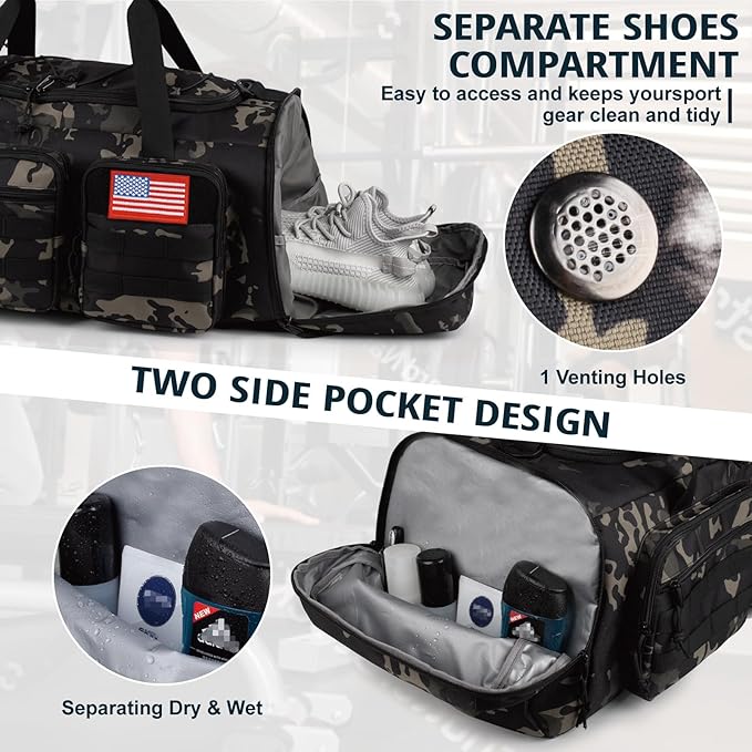 Tactical Gym Bag for Men，50L Large 3 in 1 Sports Duffle Bag with Shoes Compartment for Travel,Water Resistant Travel Backpack Weekender Overnight Bag with Wet Pocket for Women