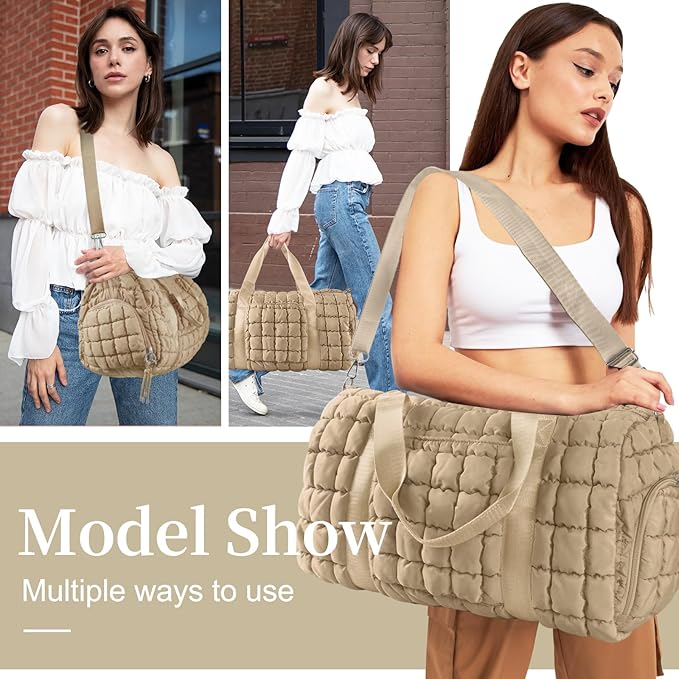 Quilted Travel Duffle Bag Gym Bag for Women,Large Puffer Duffle Weekender Bag with Compartment,Workout Overnight Carry on Organizer Bag Duffle Bag for Airplane Travel(Khaki)