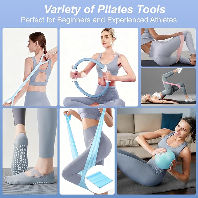 Luscinia Pilates Equipment Kit for Women Home Pilates Essentials Set with 14" Pilates Ring Circle 7" Pilates Ball Pilates Resistance Bands Figure 8 Band and Accessories Pink Pilates Kit for Beginners