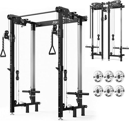 Mikolo Folding Squat Rack, Wall Mounted Power Rack with Cable Crossover Machine & LAT Pull Down, Functional Trainer with 5 Adjustable Function Modes, for Home Gym and Space Saving