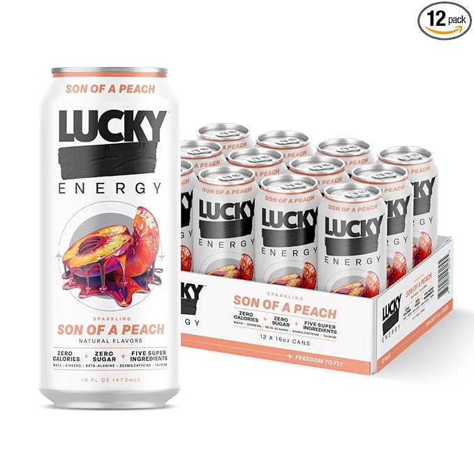 Lucky Energy Sugar Free Energy Drinks, Son of a Peach, 16oz Cans (12-Pack) Healthy, Zero Sugar Energy Drink with Maca, Ginseng, Beta-Alanine, Taurine & 200mg Caffeine