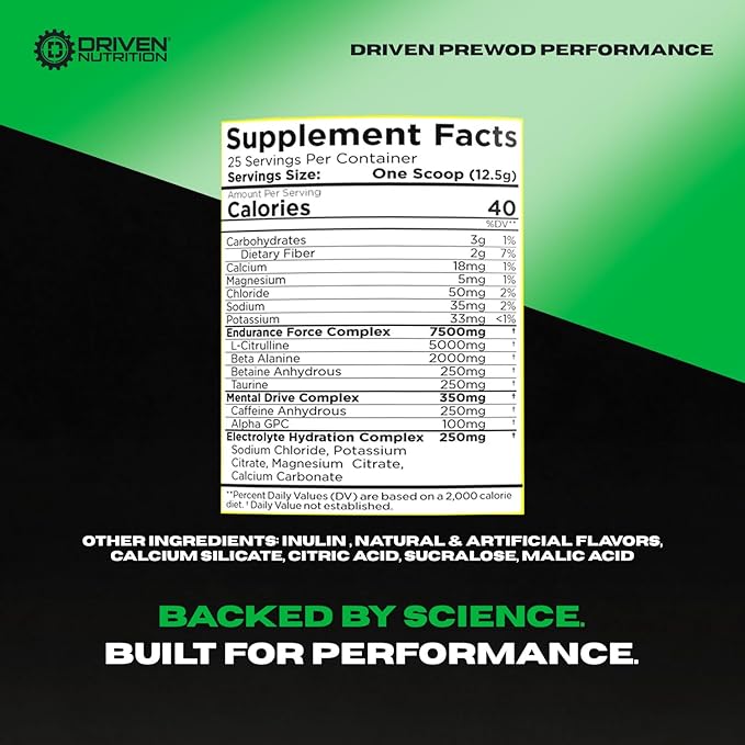 Driven PREWOD Energy Drink Powder, 25 Servings - Pre-Workout Supplement wit- Boosts Energy, Focus, Strength, & Endurance for High-Intensity Training (Performace, Lemon Headrush)