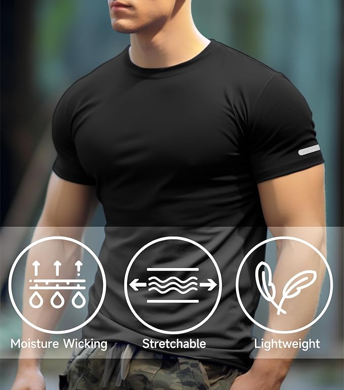 Mens Workout Shirts Fitted, Quick Dry Gym Tshirts Running Athletic Top Moisture Wicking Tee