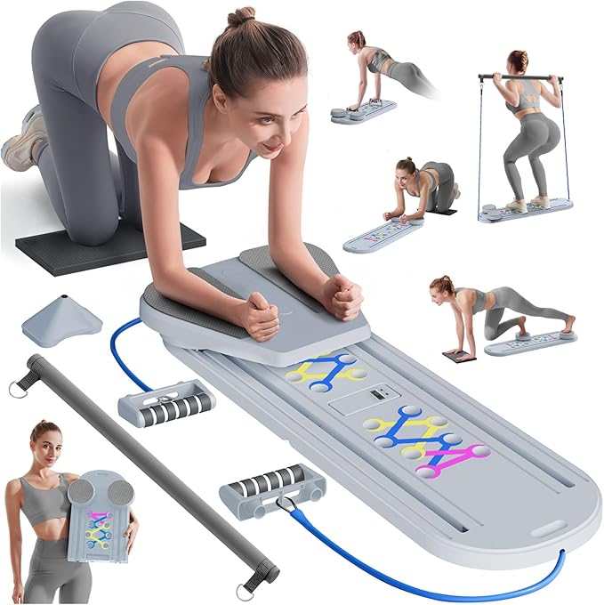 Pilates Board, Pilates Reformer Set, Pilates Machine 15-in-1 Multifunctional Abdominal Board for Home Office Workout, Foldable Portable Pilates Reformer Board for Women