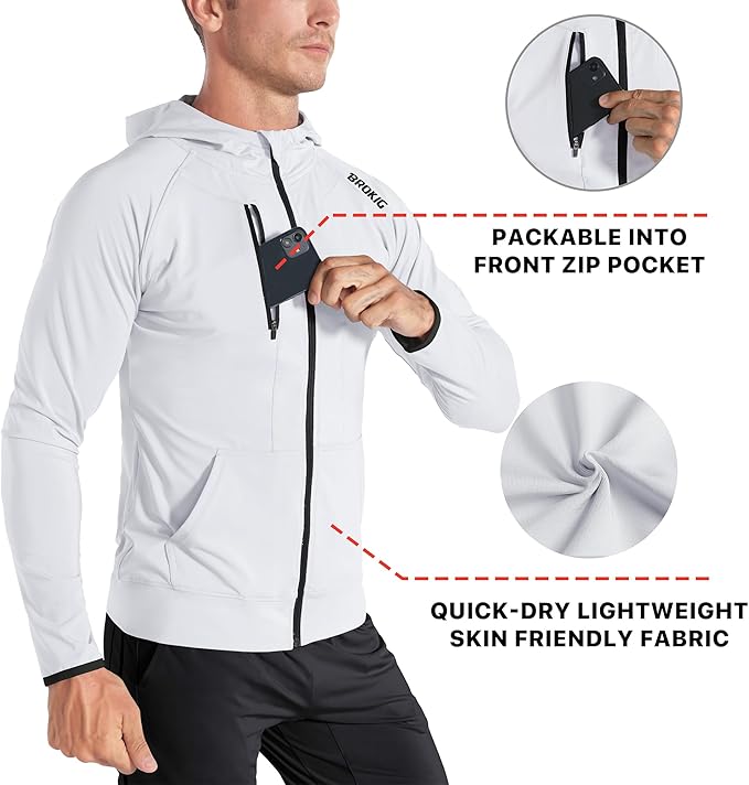 BROKIG Mens WindBreak Lightweight Running Jackets with Zip Pocket, Workout Track Hoodie Athletic Gym Sweatshirts Men