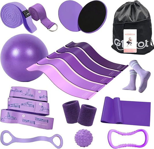 Pilates Essentials Kit for Women, Yoga Exercise Equipment Set for Home Workouts with Mini Ball, Resistance Bands, Sliding Disks & Accessories - Fitness Set for Yoga & Pilates Beginners