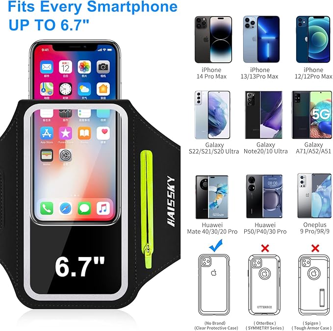 Phone Armband for Running Cell Phone Armband with Zipper Pocket for Earbuds Car Keys, Water Resistant Sport Arm Band for iPhone 16 15 12 11 Pro Galaxy S24 S20 Fit Up to 6.7'' with Phone Case