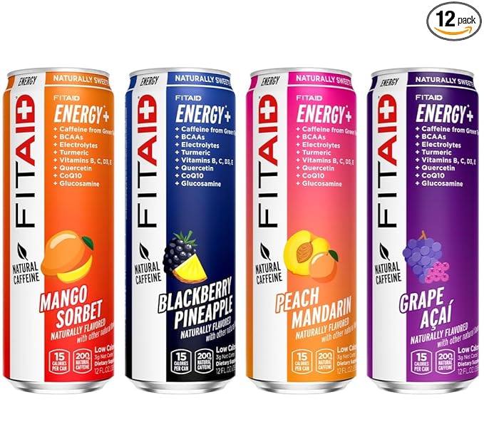 LIFEAID FITAID Energy, 200mg Natural Caffeine, Keto, Variety Pack, Optimum Performance Formula: BCAAs, Quercetin, Electrolytes, Omega-3s, 15 Calories, Paleo, Vegan & Gluten-Free, 12 Fl Oz (Pack of 12)