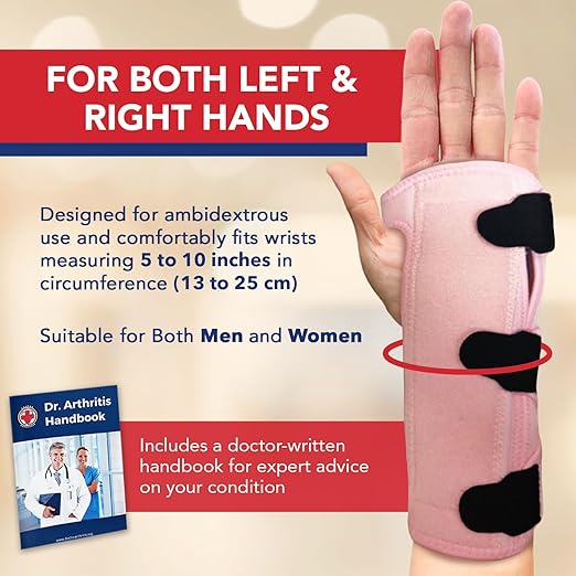 Dr. Arthritis Doctor Developed Premium Carpal Tunnel Night Wrist Brace & Support & Handbook, Fully Adjustable with Comfort Padding & Shaping (Pink Single)