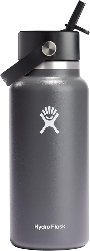 Hydro Flask Water Bottle - Insulated Stainless Steel - Wide Mouth Flex Straw Lid, Non Spill, Leakproof and Refillable in 32 Oz Stone