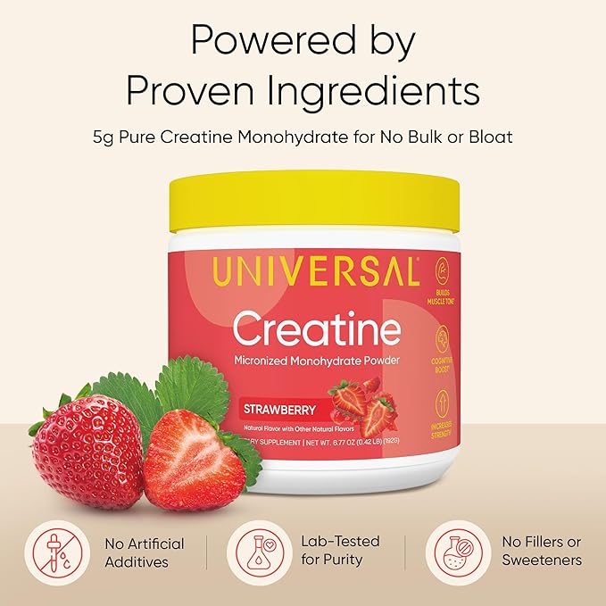 Universal U Creatine Monohydrate for Women - Flavored Creatine Powder, Female Strength, Energy, Lean Muscle Support and Recovery Supplement, No Bloat, No Bulk, 5g Per Serving, 30 Servings, Strawberry