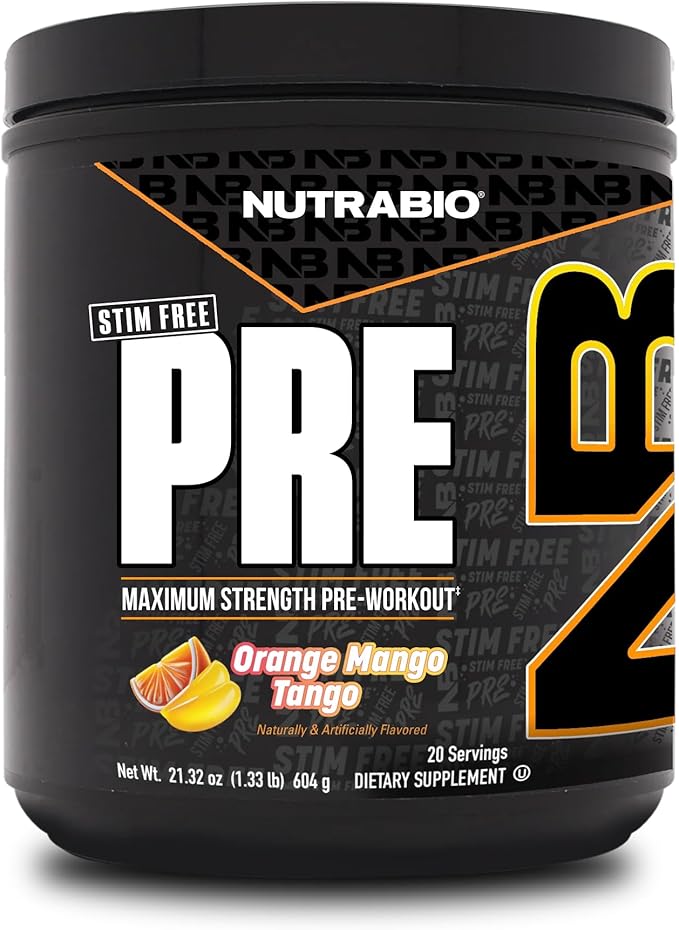 NutraBio STIM-Free PRE Workout for Men, New Formula | Laser Focus, Extreme Pumps | Performance, Endurance | 10g Citrulline, Beta Alanine, Nitrates, Nootropics, Electrolytes - 20 Servings Orange Mango