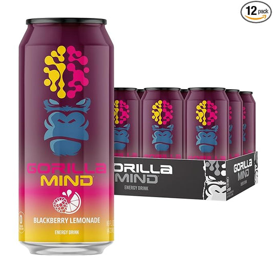 Gorilla Mind Energy Drink | Unmatched Energy · Amplified Focus | N-Acetyl-L-Tyrosine, Alpha-GPC, 200mg Caffeine, Uridine, Saffron | 0 Sugar Or Artificial Colors | 16oz, 12-Pack (Blackberry Lemonade)