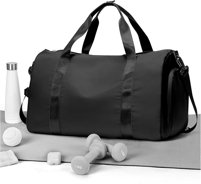 Gym Duffle Bag for Women Carry on Luggage Travel Essentials Airline Approved Personal Item 18x14x8 Inches Lightweight Weekender Sports Travel Duffel Bag with Shoe Compartment Wet Pocket Men Black