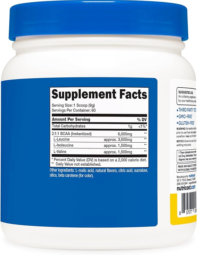 Nutricost BCAA Powder (Pineapple, 60 Servings) - Optimal 2:1:1 Ratio
