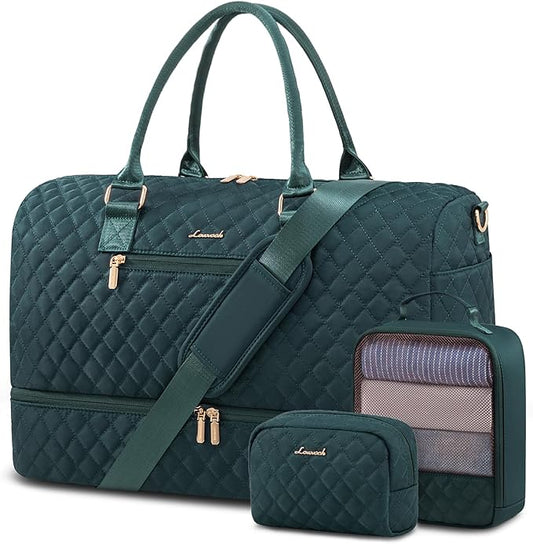 LOVEVOOK Travel Duffle Bag for Women, Weekender Overnight Bag with Shoe Compartment, Carry on Bag with Toiletry Bag, Gym Duffel Bag with Wet Pocket, Hospital Bags for Labor and Delivery 3 Pcs Set