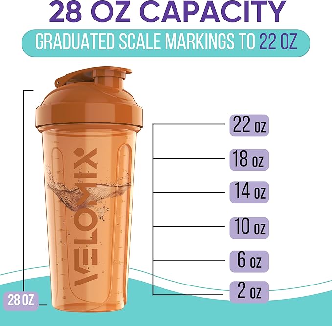 VELOMIX -4 PACK- 28 oz Protein Shaker Bottle for Protein Mixes - 4x Wire Whisk | Leak Proof Shaker Cups for Protein Shakes | Protein Shaker Bottle Pack | Protein Shake Cup (Amber Drift)