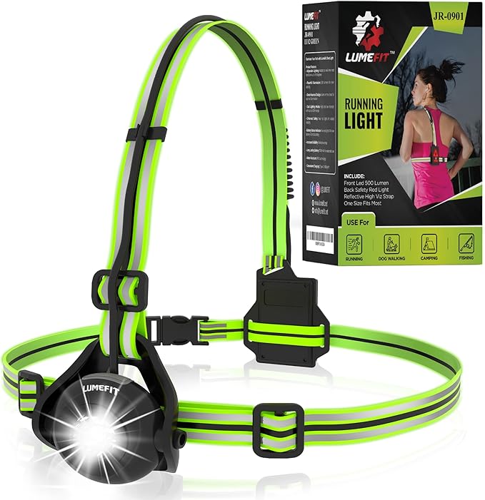 LUMEFIT Running Lights for Runners with Yellow Reflective Vest, Adjustable Beam Night Safety LED Chest Light Run, Dog Walking, and Jogging Gear, Rechargeable Headlamp Flashlight