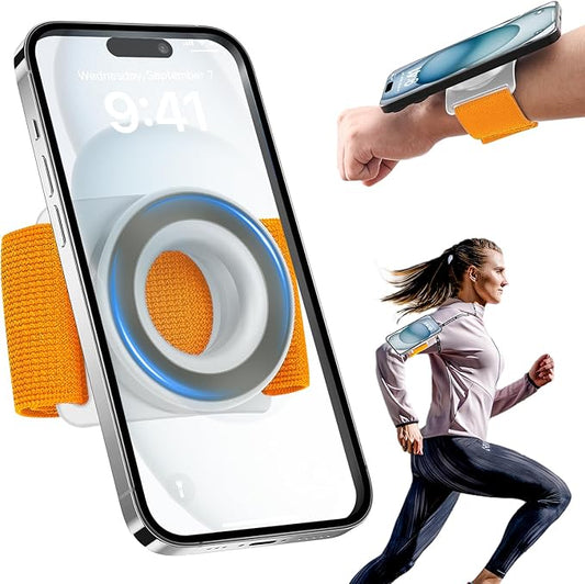 TOPGO Running Phone Holder for iPhone [360° Rotatable & Upgrade Anti-Drop] Magnetic Wrist Phone Holder, Magsafe Armband Compatible with iPhone 17 Pro and Android - Orange