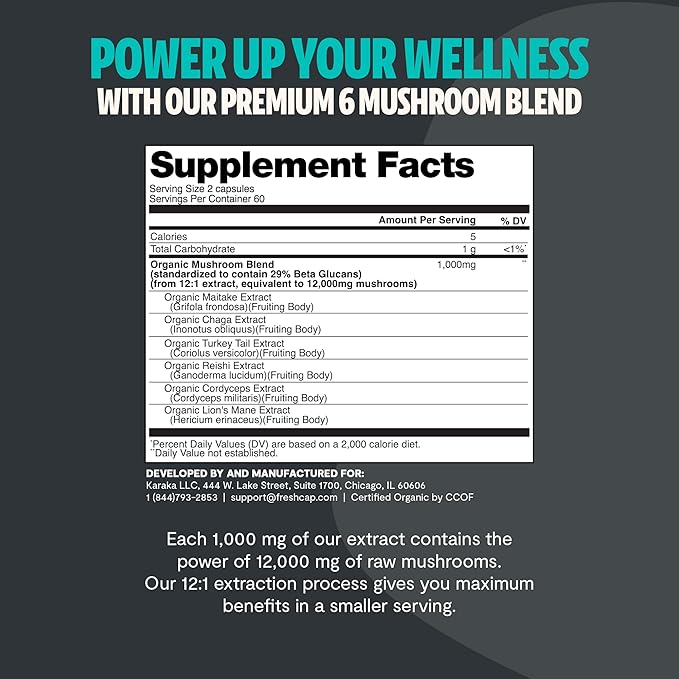 FreshCap Mushrooms Ultimate Mushroom Supplement 12,000mg - Mushroom Complex Capsules, Organic Supplement Ayurveda (120 Capsules)