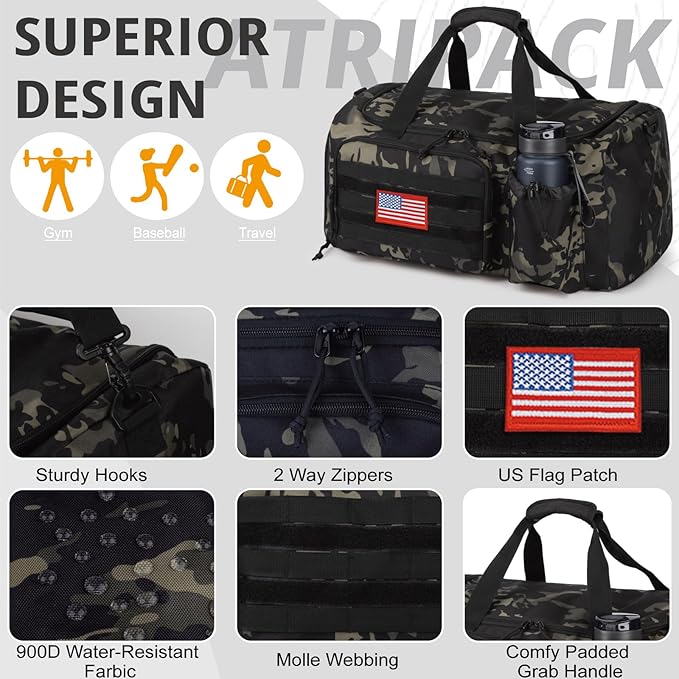 Tactical Gym Bag for Men, 40L Large Capacity Duffle Bags with Shoes Compartment, Sports Bag with wet compartment, Multi-functional Weekend Bags Suitable for Travel, Camping,hiking