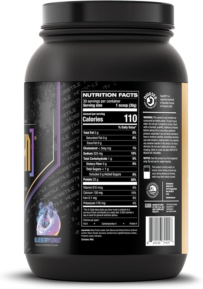 HOSSTILE ISO[H1] Grass Fed Whey Protein Isolate with Digestive Enzymes, Whey Protein Powder for Muscle Gain & Muscle Recovery, Post Workout Recovery Drink, Blueberry Donut, 30 Servings