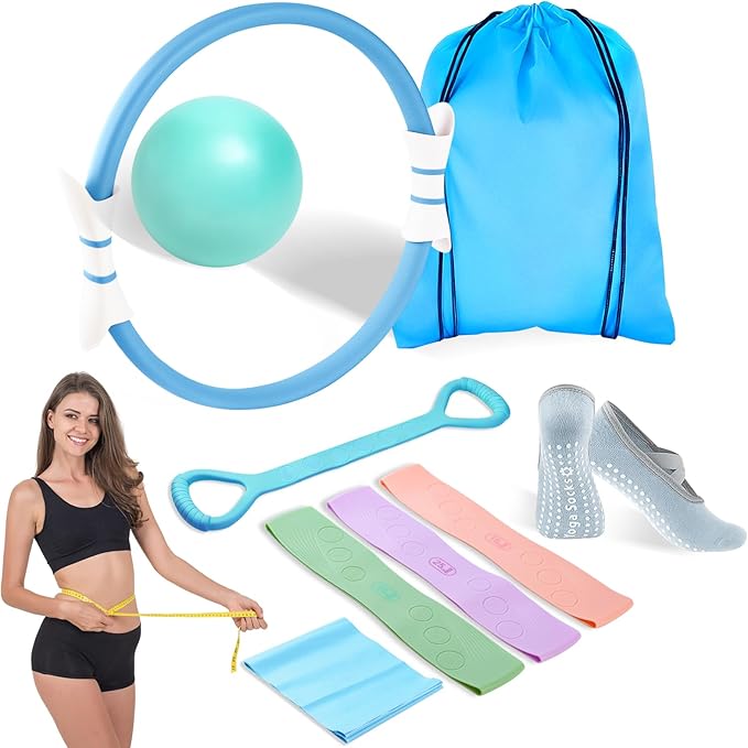 Luscinia Pilates Equipment Kit for Women Home Pilates Essentials Set with 14" Pilates Ring Circle 7" Pilates Ball Pilates Resistance Bands Figure 8 Band and Accessories Pink Pilates Kit for Beginners
