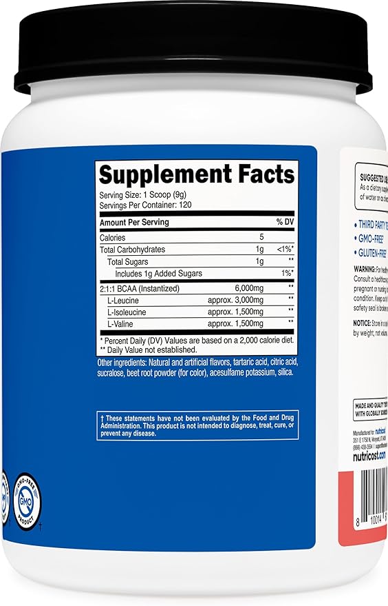 Nutricost BCAA Powder 2:1:1 (Watermelon, 120 Servings) - Gluten Free, Non-GMO, Vegetarian